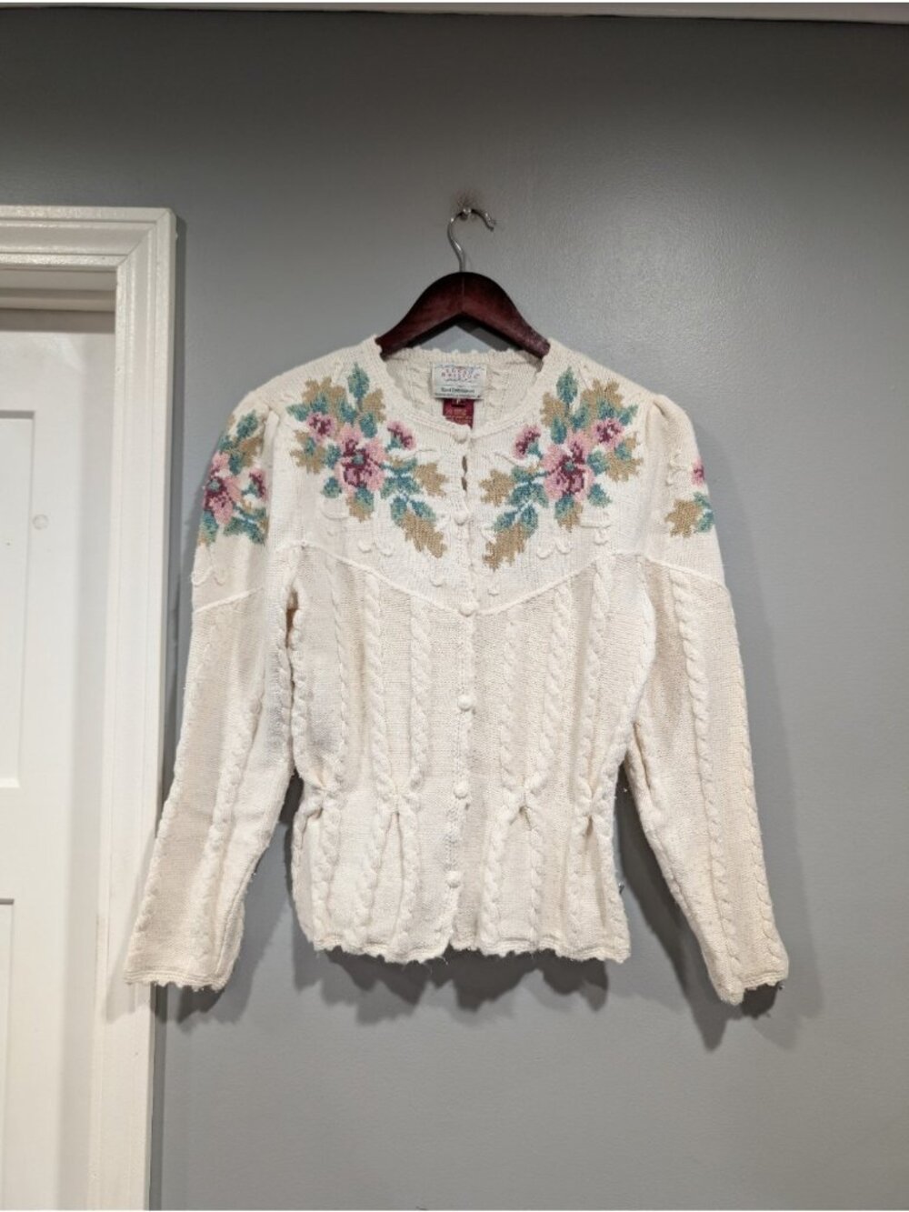 Vintage Susan Bristol Cream Floral Knit Cardigan Sweater Button Down Sz Petite S